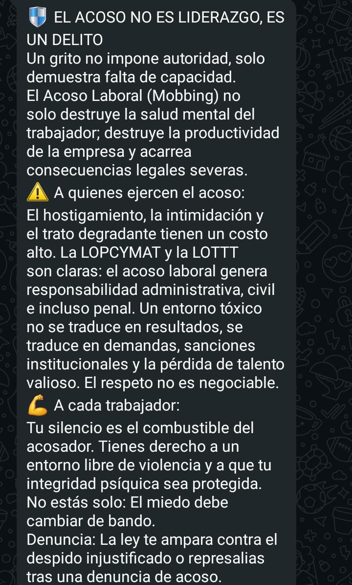ASINSUOPETB's tweet photo. ⚠️ EL ACOSO NO ES LIDERAZGO. El mobbing destruye la salud y la productividad. La LOPCYMAT y la LOTTT son claras: el hostigamiento genera responsabilidad civil y penal.
​¡No calles! Tienes derecho a un entorno digno. El miedo debe cambiar de bando. 🏛️⚖️ #NoAlAcoso #Lopcymat https://t.co/KX5ClU3d8b