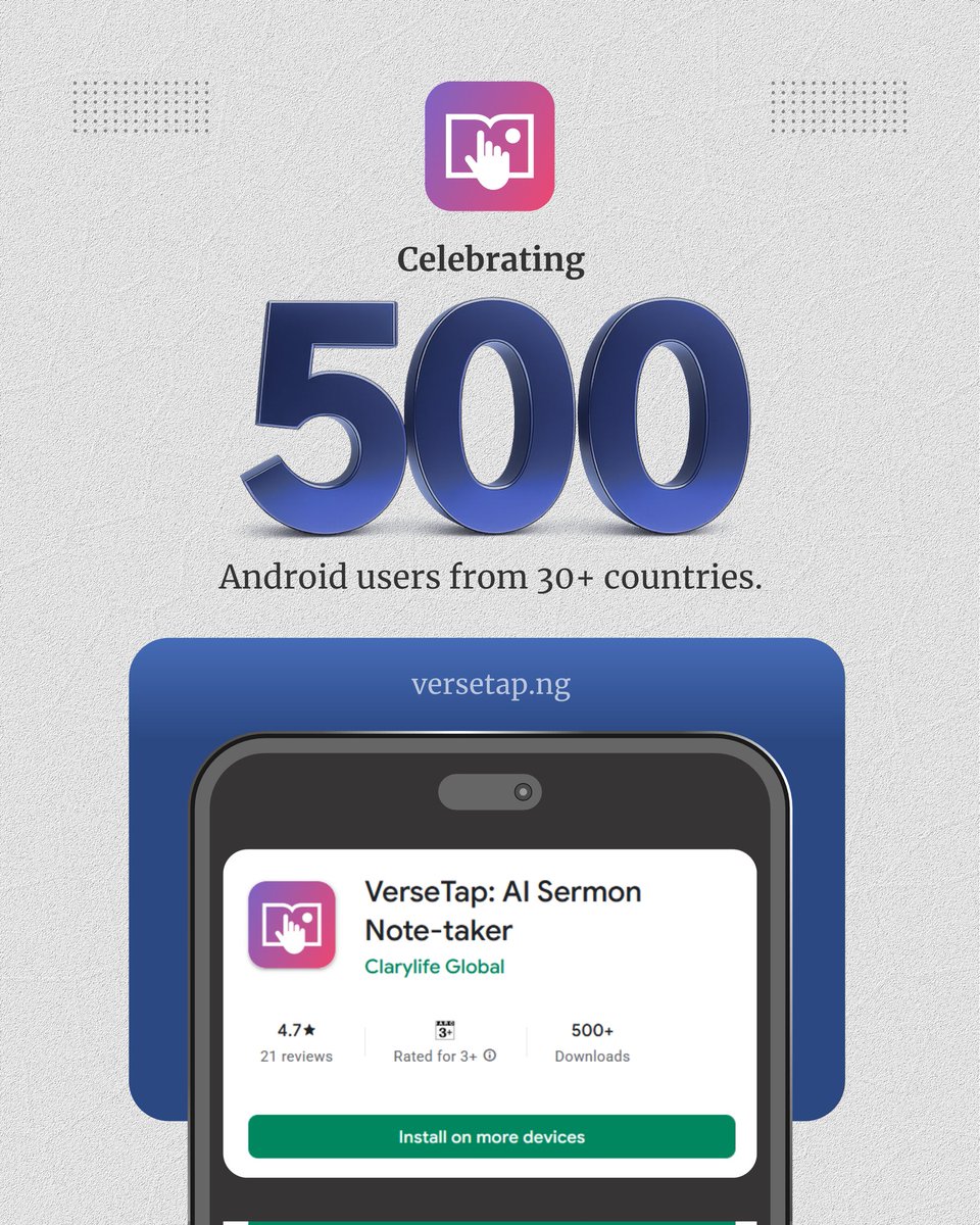 VerseTap's tweet image. 500+ users. 30+ countries.
Still on a journey to millions all across the globe.

#SermonNotes #AISermonNote #ChristianTech #FaithJournal