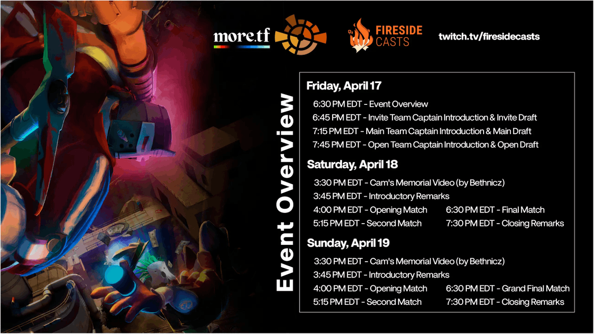 Join us in ~2 hours from now at 6:30 PM EST as we will be doing the draft for Cam's Cup, a cup raising funds in honor of Cambonieboo, a member of the North American competitive TF2 community. Cam unexpectedly passed away from cancer back in March 2026.

twitch.tv/FiresideCasts