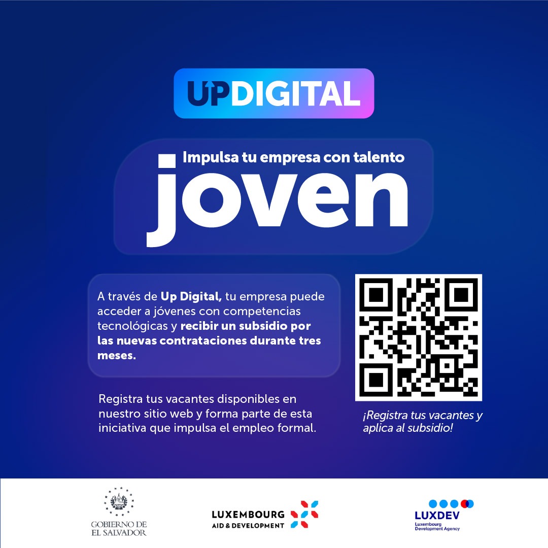 PrensaMiTrabajo's tweet photo. A través de #UpDigital, las empresas que contraten talento podrán acceder a un subsidio por 3 meses. 💻
Una iniciativa impulsada por el Ministro @RolandoCastroSv, que fortalece el desarrollo tecnológico en jóvenes con habilidades digitales, priorizando de forma exclusiva a sectores vulnerables como personas con discapacidad, migrantes retornados y personas en reinserción social.