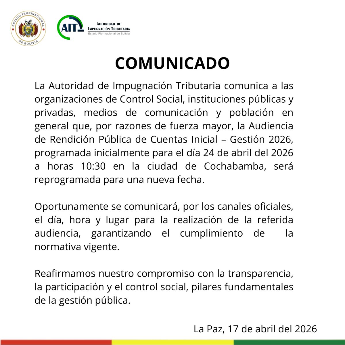 AitBolivia's tweet photo. 🚨Comunicado Oficial https://t.co/euL9hb9srA