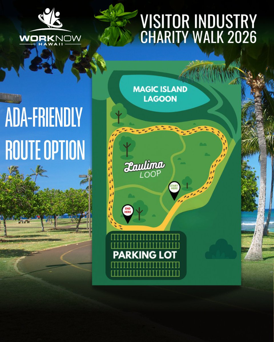 WorkNowHawaii's tweet photo. You can still support Work Now Hawaii's Charity Walk mission by taking the ADA friendly 1km route option around the Magic Island Park! Not into walking at all? You can still help us reach our $25k donation goal. Sign up for Laulima Loop or donate at https://t.co/7wwleYcNYq https://t.co/pNmmPIeQK6
