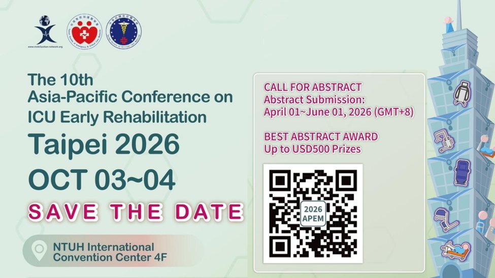 icurehab's tweet photo. Call for abstracts on #ICURehab

Submit to 10th Asia Pacific
#ICURehab Conference

Share research &amp;
quality improvement projects

Oct 3-4, 2026
Taipei, Taiwan

Abstract Deadline: June 1

More info:
https://t.co/bNPsNvwWkT https://t.co/eFzC5ai4B2