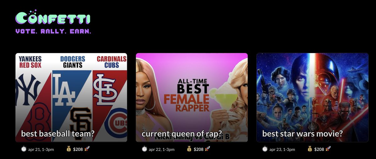 confetti_win's tweet photo. we're asking the BIG questions next week.

> who's the best baseball team in history?
> what's the best star wars movie?
> and most importantly: cardi or nicki?

tell us next week.

and earn if you pick the winner 👇 https://t.co/XGZl3Fu3Uj