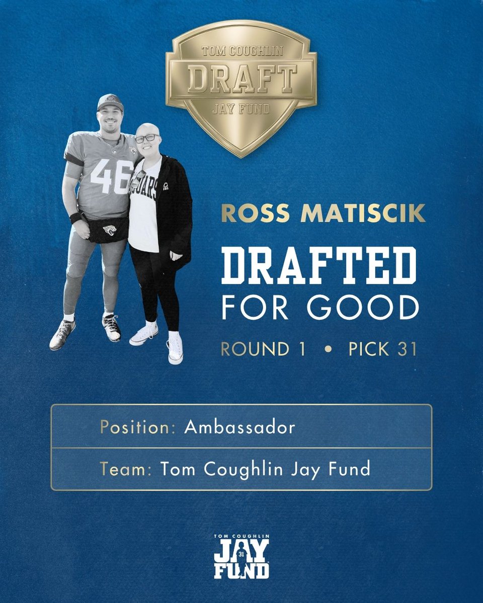 tcjayfund's tweet image. Our first picks are in! Meet the Tom Coughlin Jay Fund’s first-ever Celebrity Ambassador Class.

As leaders on and off the field, this team knows how to BE THERE for families tackling childhood cancer.

@JuanC_Amoros 
@LoganCooke2 
@rossmatiscik 
@ChrisSnee76 

#BeThere #JayFund