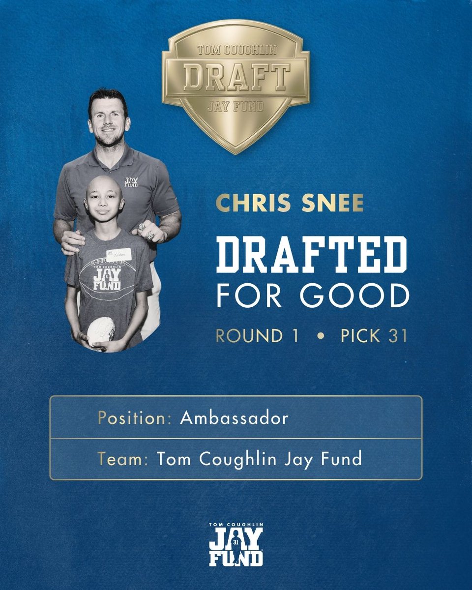 tcjayfund's tweet image. Our first picks are in! Meet the Tom Coughlin Jay Fund’s first-ever Celebrity Ambassador Class.

As leaders on and off the field, this team knows how to BE THERE for families tackling childhood cancer.

@JuanC_Amoros 
@LoganCooke2 
@rossmatiscik 
@ChrisSnee76 

#BeThere #JayFund