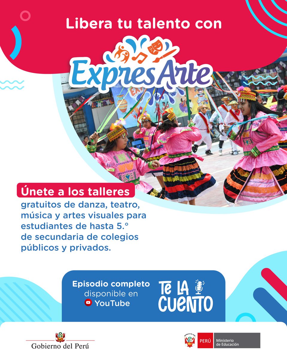 MineduPeru's tweet photo. ¿Conoces #ExpresArte?
Esta iniciativa permite que estudiantes de colegios públicos y privados desarrollen sus habilidades creativas a través de talleres de danza, teatro, música y artes visuales.

🔗 Más información: https://t.co/bA7oUAUxWj

▶️ Conoce más en el episodio completo de #TeLaCuento en YouTube: https://t.co/1EsP3ALg3N