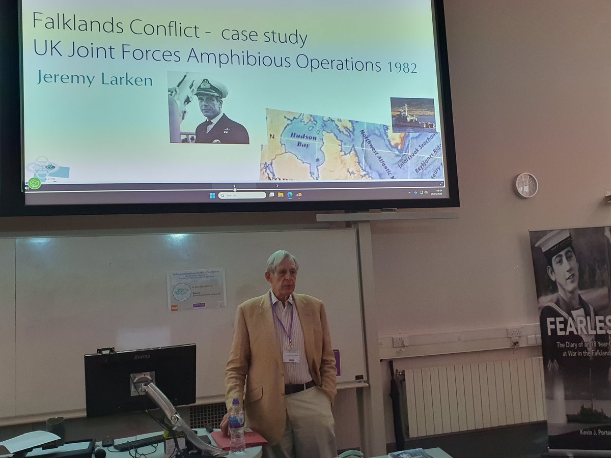 FalklandsRepUK's tweet photo. Fantastic start to the second day of the Manchester University Falklands War Conference. A brilliant presentation from Rear Admiral Jeremy Laken, but including voices from many of the key players. #Falklands 🇫🇰🇬🇧 https://t.co/8HIj9Ck1jM