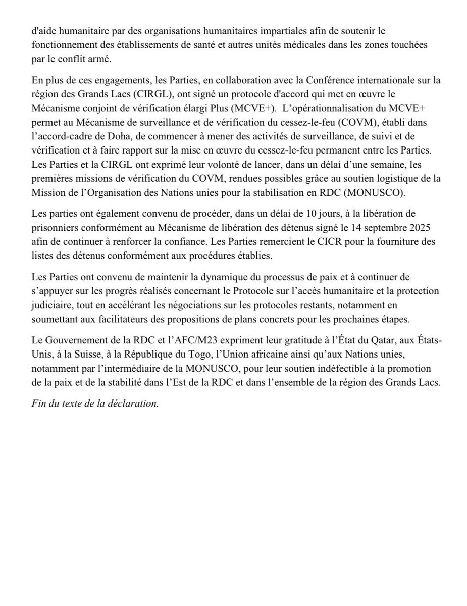 afrikarabia's tweet image. 🔴 #RDC En #Suisse, gouvernement et #AFC #M23 ont convenu :
▶️De faciliter un accès et la liberté de circulation du personnel #humanitaire
▶️De commencer à mener des activités de surveillance, de suivi et de vérification du cessez-le-feu dans 1 semaine
▶️Dans un délai de 10