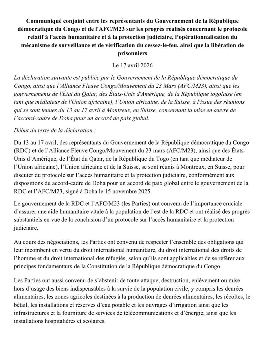 afrikarabia's tweet image. 🔴 #RDC En #Suisse, gouvernement et #AFC #M23 ont convenu :
▶️De faciliter un accès et la liberté de circulation du personnel #humanitaire
▶️De commencer à mener des activités de surveillance, de suivi et de vérification du cessez-le-feu dans 1 semaine
▶️Dans un délai de 10