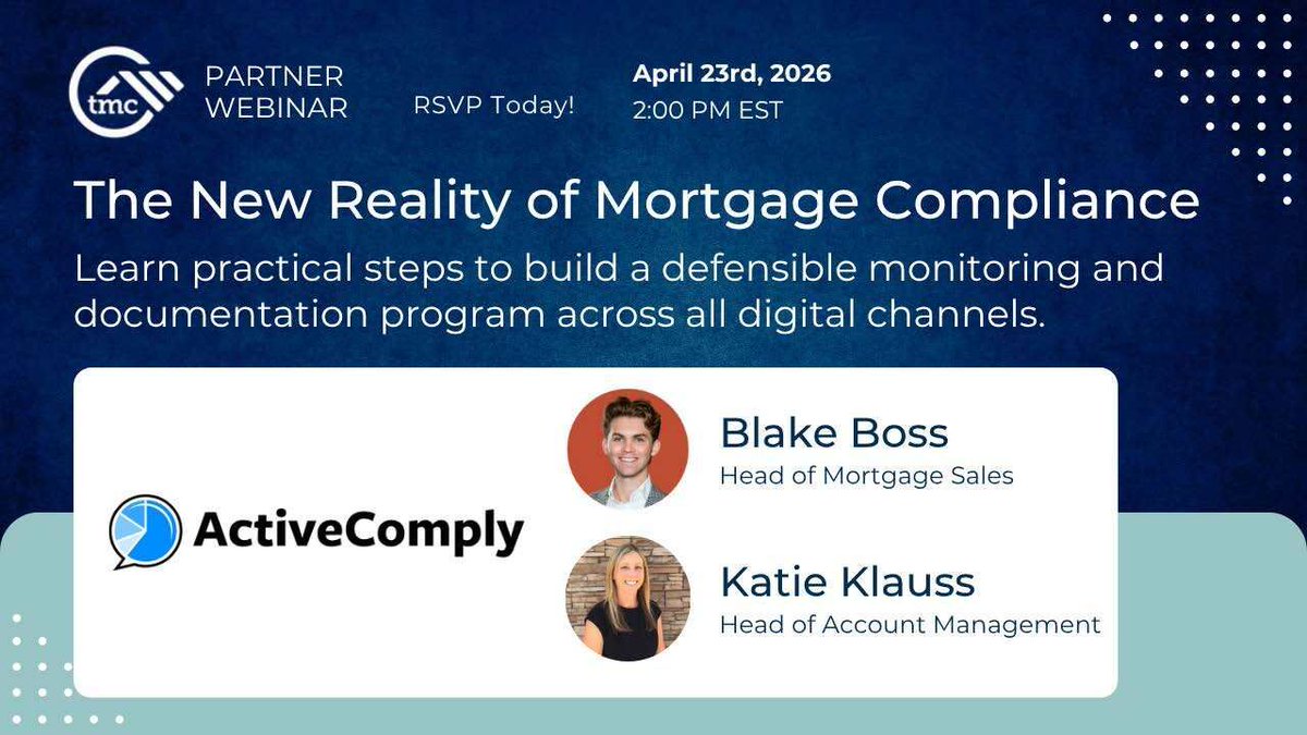 blaketoddboss's tweet photo. What are mortgage regulators actually looking for across social media, websites, and digital marketing?

Join me and Katie Klauss for a webinar on The New Reality of Mortgage Compliance

Real findings. Real fixes. Practical steps.

Register: https://t.co/ngjWd5m4wG https://t.co/yjxOQjzTVd