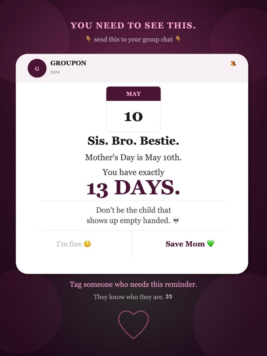 Groupon's tweet photo. 13 days until Mother's Day.
This is your sign to stop procrastinating and start being the favorite child. ๐
We'll make it easy ๐https://t.co/atu5VH7C4H
#MothersDay #Groupon #Gifting https://t.co/mO8PUfToMa