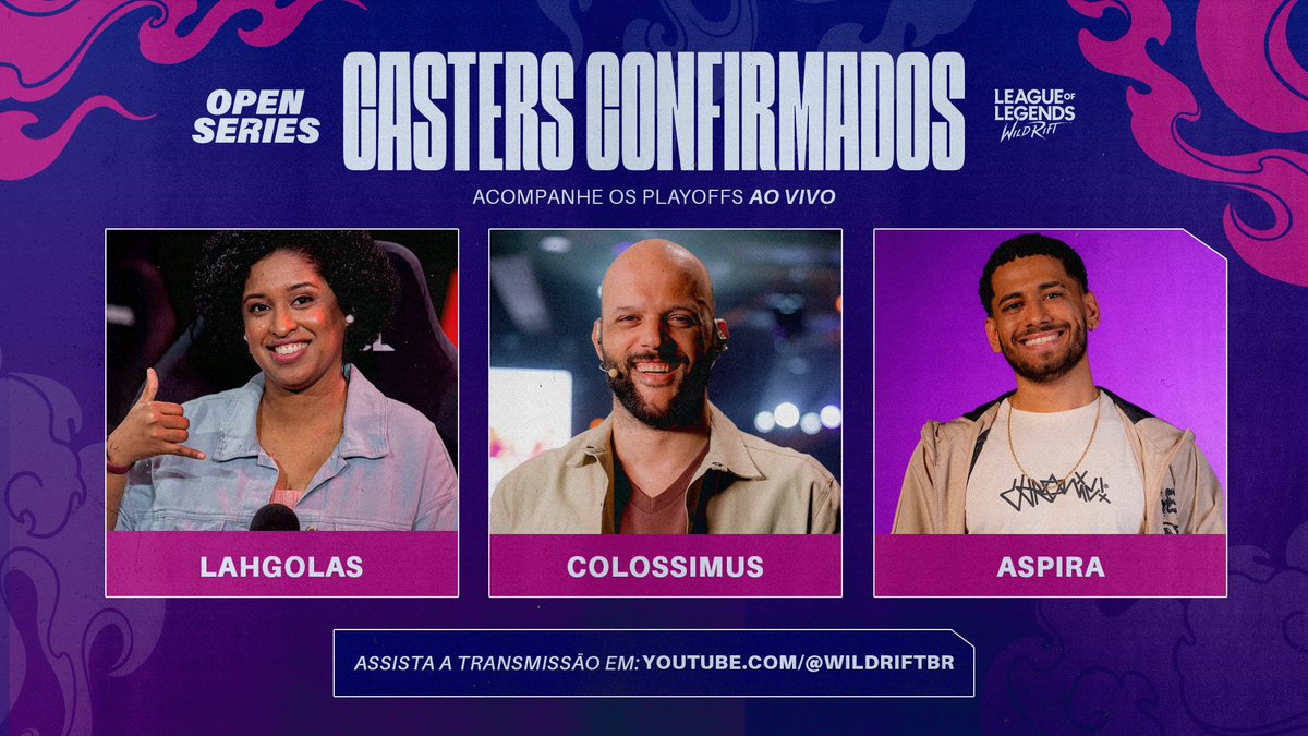 WildRiftBR's tweet photo. DIA DE OPEN SERIES, BEBÊ! 🔥

Pra quem estava com saudade, hoje começa o primeiro dia dos playoffs do Open Series. E, para comandar a nossa transmissão, teremos @Lahgolas, @TVColosimus e @Aspiralol 📺

Fica ligado que começa às 18h!

🔗 https://t.co/RTpjOqkljE https://t.co/ulbQrQ0o4g