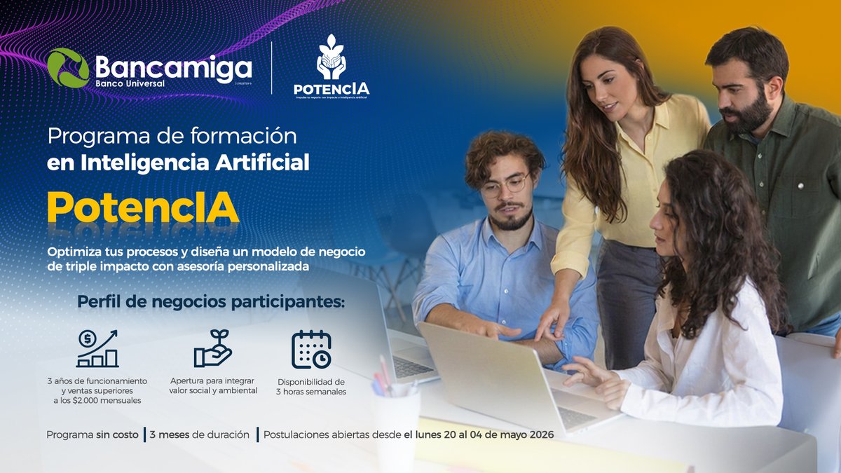 bancamiga's tweet image. Llegó el momento de pasar de un negocio que funciona a una empresa que crece. 🚀 Bancamiga presenta #PotencIA, un programa gratuito de 3 meses diseñado para escalar tu iniciativa de negocio. Postúlate llenando el formulario en bancamiga.com