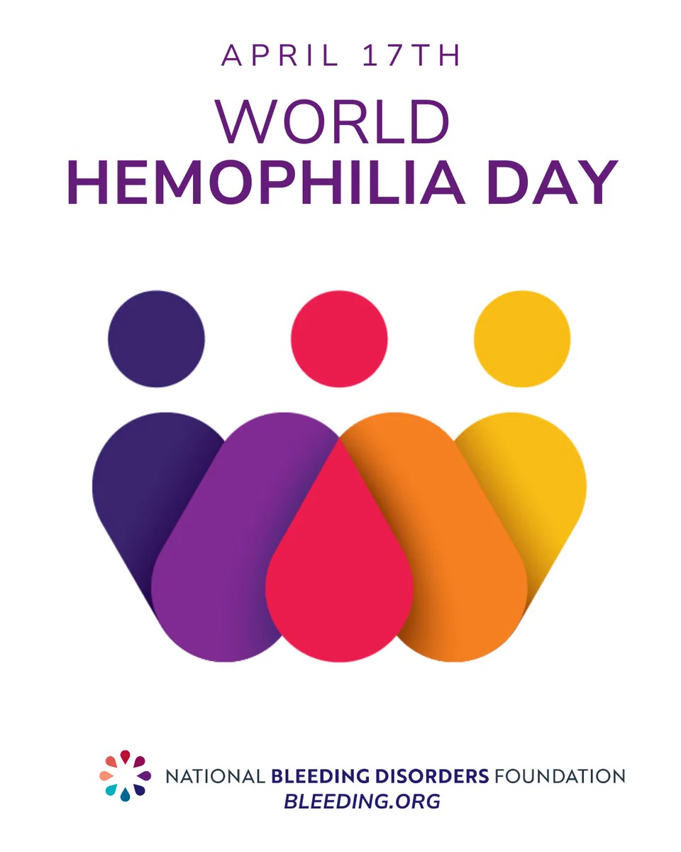 Illustration for World Hemophilia Day on April 17th, featuring abstract human figures in purple, red, and yellow. The image promotes awareness for the National Bleeding Disorders Foundation, with a website address, bleeding.org, below.