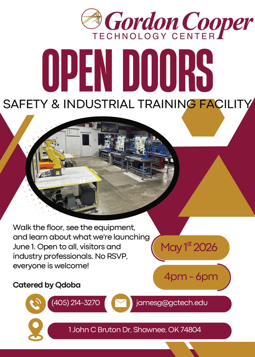 GCTechOK's tweet photo. Industry Training Center Open to the Public Friday, May 1, from 4–6 PM. Come walk the floor, see the equipment and learn about what we're launching June 1. Open to all — no RSVP required. Come and go as you please. https://t.co/aIu7skke0h