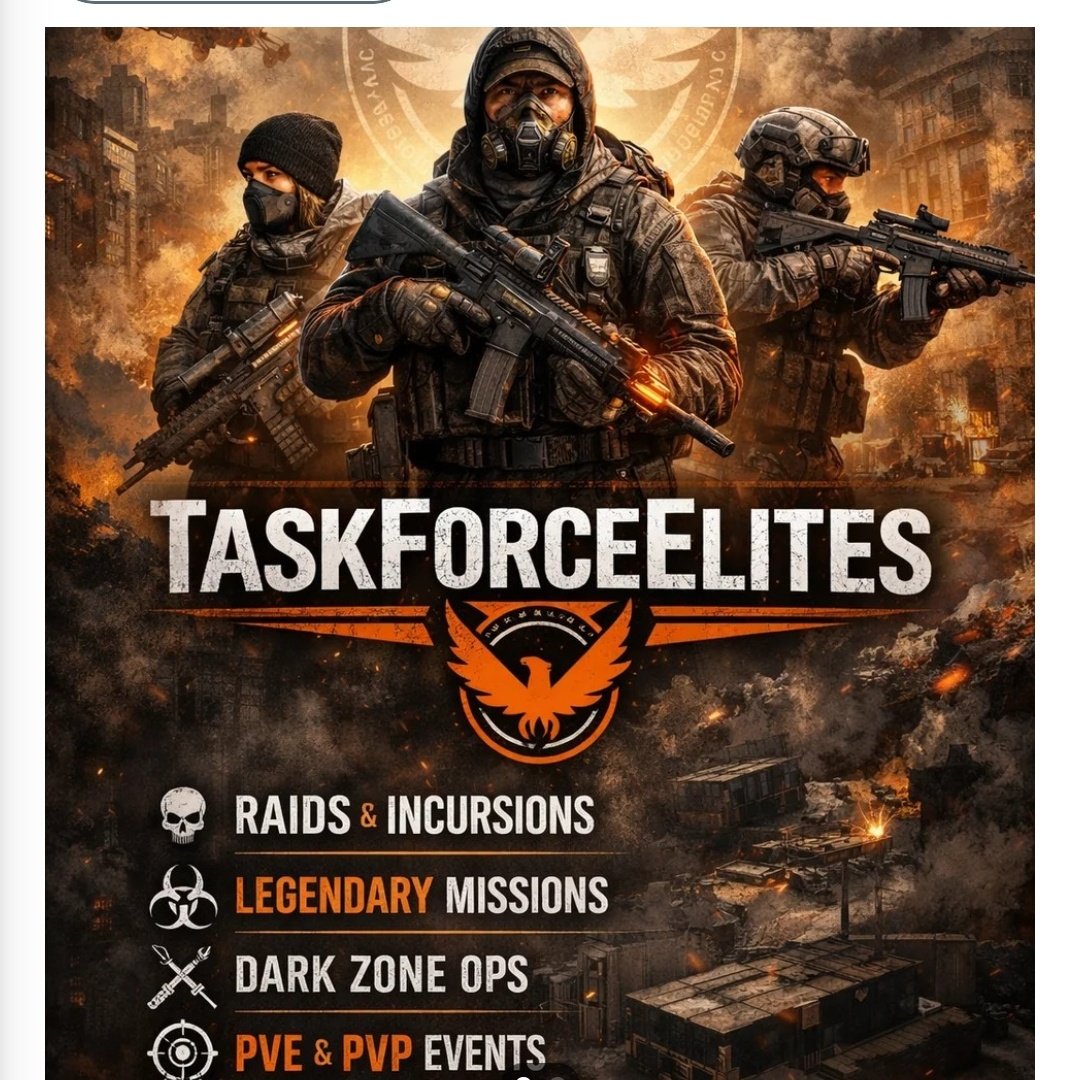 Jamiec0071's tweet photo. TaskForceElites is recruiting (PS5) #thedivision2 #division2 #clanrecuitment #gaming #ps5 

WE HAVE A DISCORD ALSO 🔥

📩 DM for invite and join the fight today. https://t.co/pVZ3kK8FOV