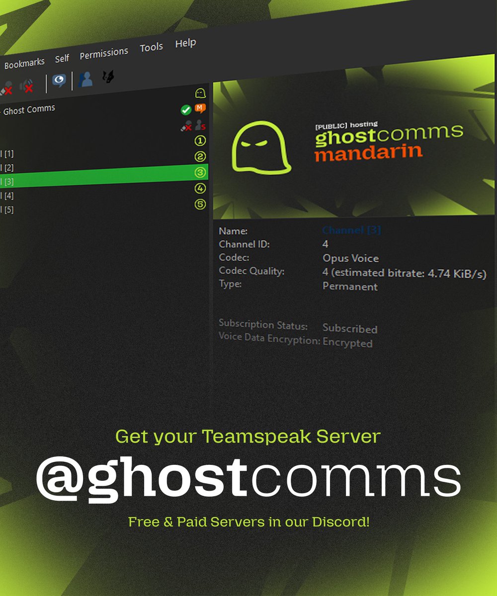 GhostCommsGG's tweet photo. 👻 Ghostcomms is officially live!
Join our community and use our free encrypted Teamspeak servers or rent your own!
🔗 - https://t.co/Cmi3RdzXyz https://t.co/RLfyVyFuO7