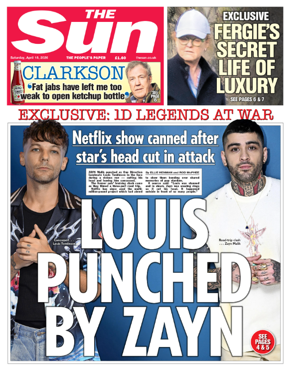 TheSun's tweet photo. Tomorrow's front page: Zayn Malik PUNCHED Louis Tomlinson in huge bust-up https://t.co/aBpmCpvqrj https://t.co/cswiCPBGCN