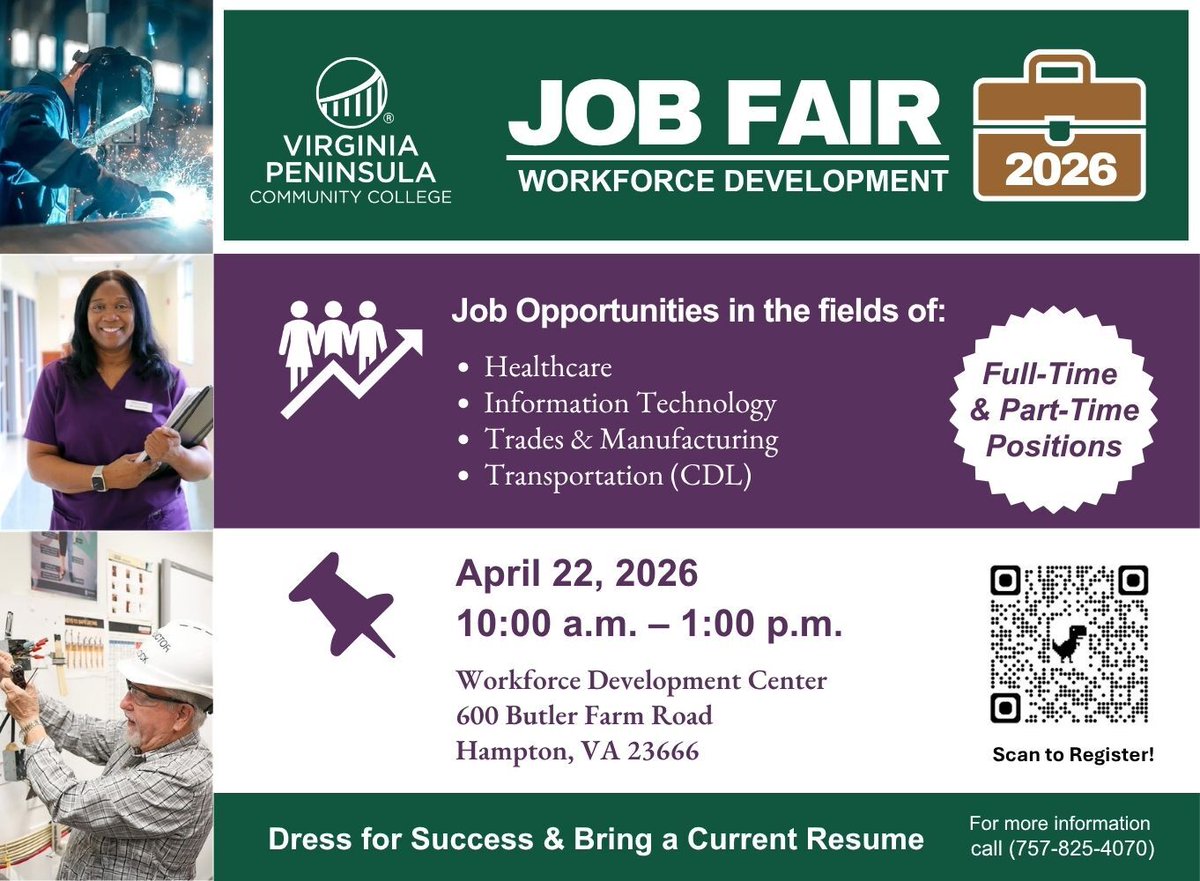 VPCCva's tweet image. Looking to hire? Looking for a job? Come to the VPCC Workforce Job Fair April 22 at the Peninsula Workforce Development Center on the College's Hampton Campus. #vpccva #workforcedevelopment #jobfair