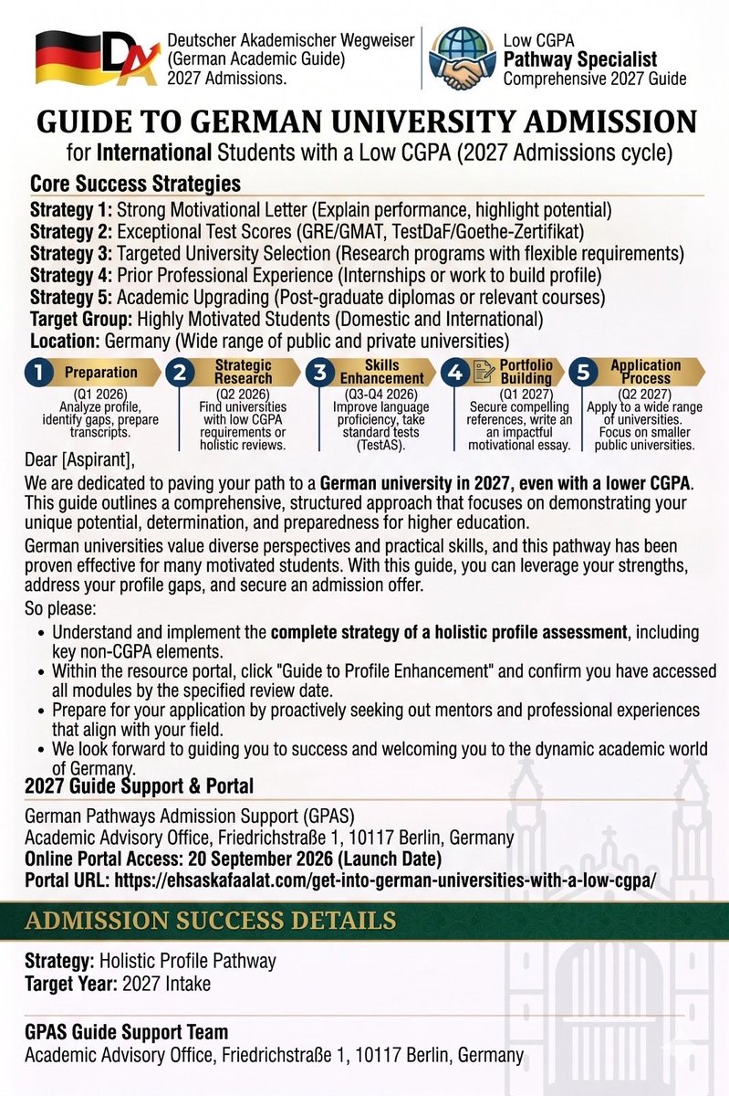 StudyPortion's tweet image. Get Into German Universities with a Low CGPA 2027 | Step-by-Step Guide

Apply Now: ehsaskafaalat.com/get-into-germa…

Learn smart university selection, profile building, and strategies that actually work.

Portal Launch: 20 September 2026

#StudyInGermany #LowCGPA #StudyAbroadGuide