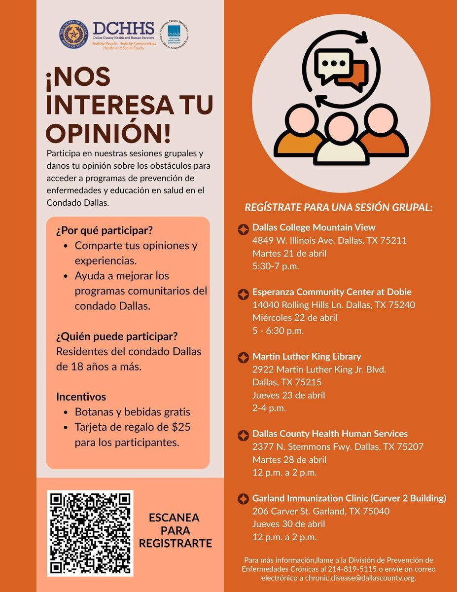 DCHHS's tweet image. 📣¡Estamos ofreciendo una serie de sesiones grupales para escuchar lo que piensas! ✅ Tu opinión nos ayudará a lograr una comunidad más sana y accesible para todos. Inscríbete aquí: bit.ly/47h9Cim

#focusgroup #community #español