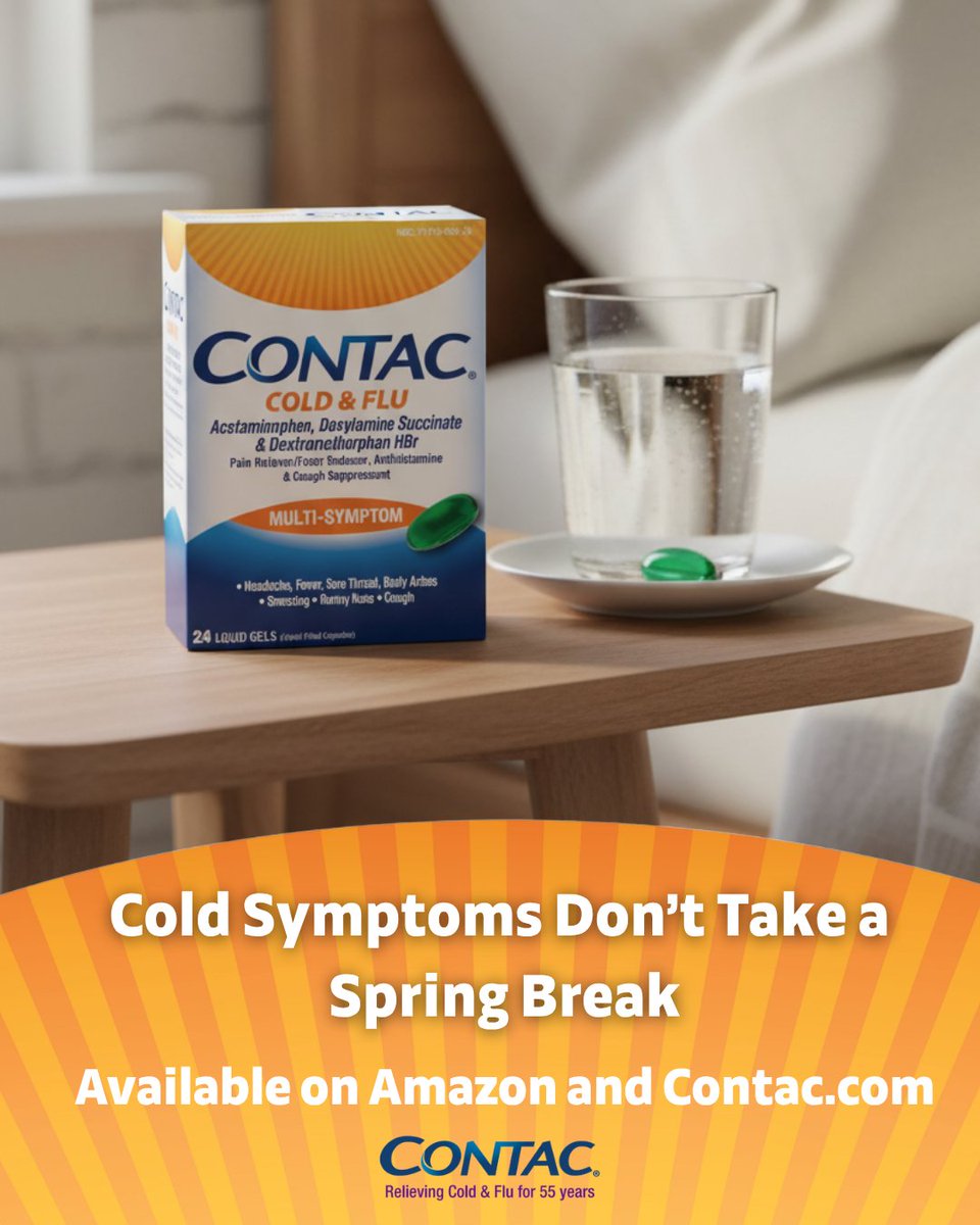 HelloContac's tweet image. Cold symptoms don’t take a spring break 🌼
 Stay ready with Contac®. #Contac #ColdAndFlu #SpringReady