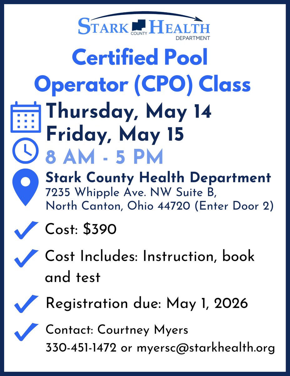 Register by May 1 for our Certified Pool Operator Class. It's scheduled for May 14 and 15 from 8-5 p.m. The cost is $390. Contact Courtney Myers at 330-451-1472 or myersc@starkhealth.org