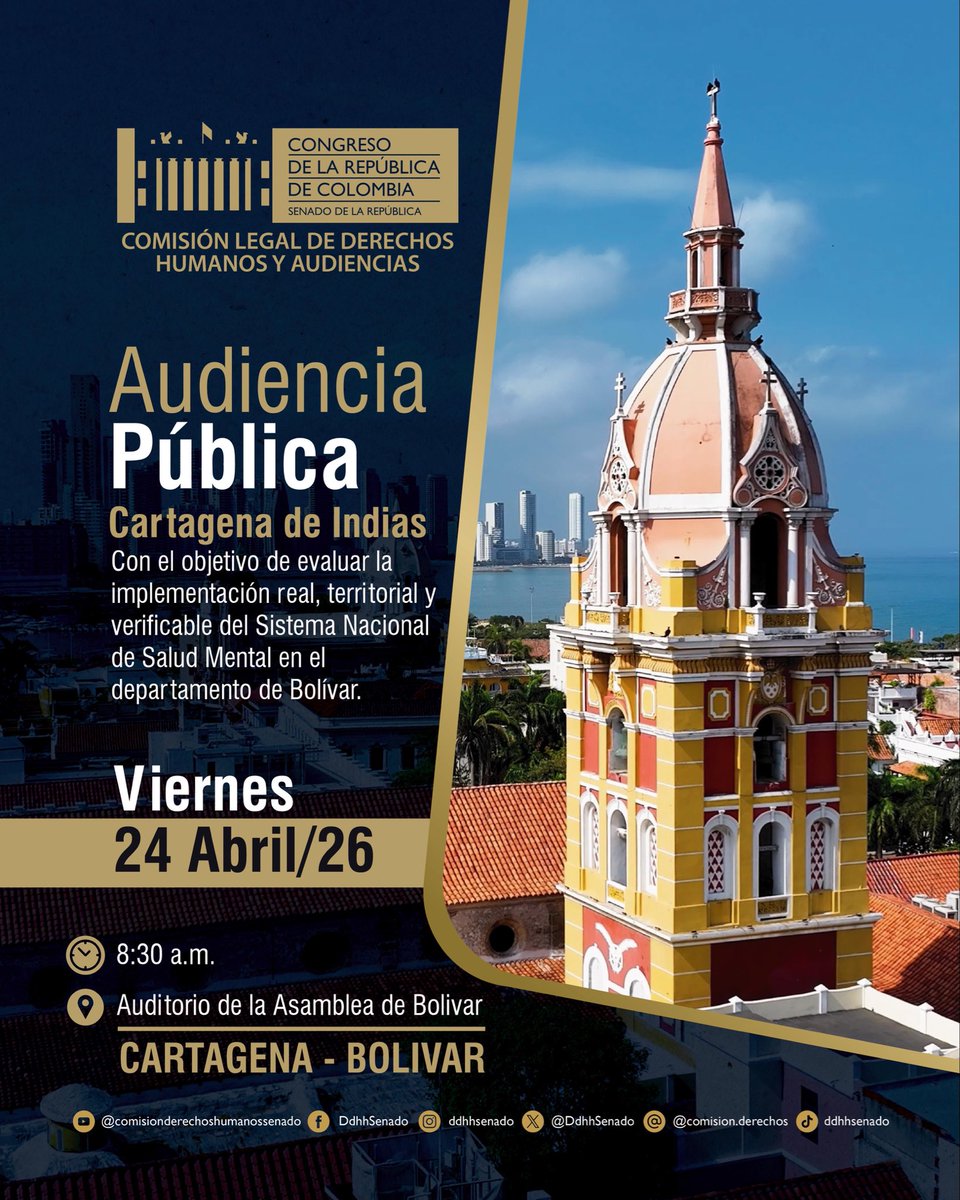 DdhhSenado's tweet photo. 🗓 viernes 24 de abril de 2026 
🕘 08:30 a.m. 
📍Auditorio de la Asamblea de Bolívar 
📹 Transmisión en vivo en nuestro canal de YouTube ➡ ComisiónDDHHSenado https://t.co/iZsjBaRDzB