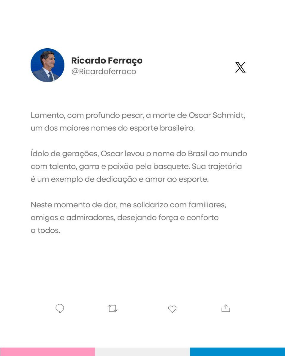 Lamento, com profundo pesar, a morte de Oscar Schmidt, um dos maiores nomes do esporte brasileiro.

Ídolo de gerações, Oscar levou o nome do Brasil ao mundo com talento, garra e paixão pelo basquete. Sua trajetória é um exemplo de dedicação e amor ao esporte.