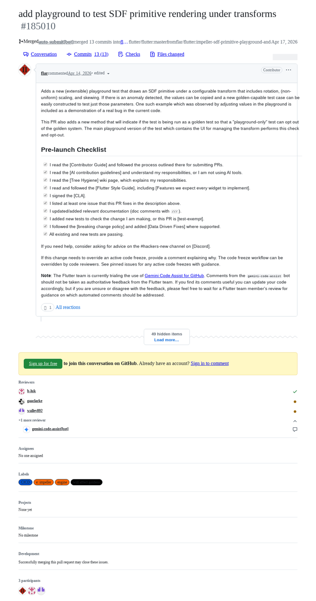 FlutterMerge's tweet image. "add playground to test SDF primitive rendering under transforms" by Jim Graham was merged into #Flutter master github.com/flutter/flutte…