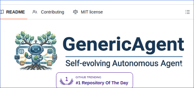 GenericAgent GitHub 页面展示当日第一名 Trending 徽章