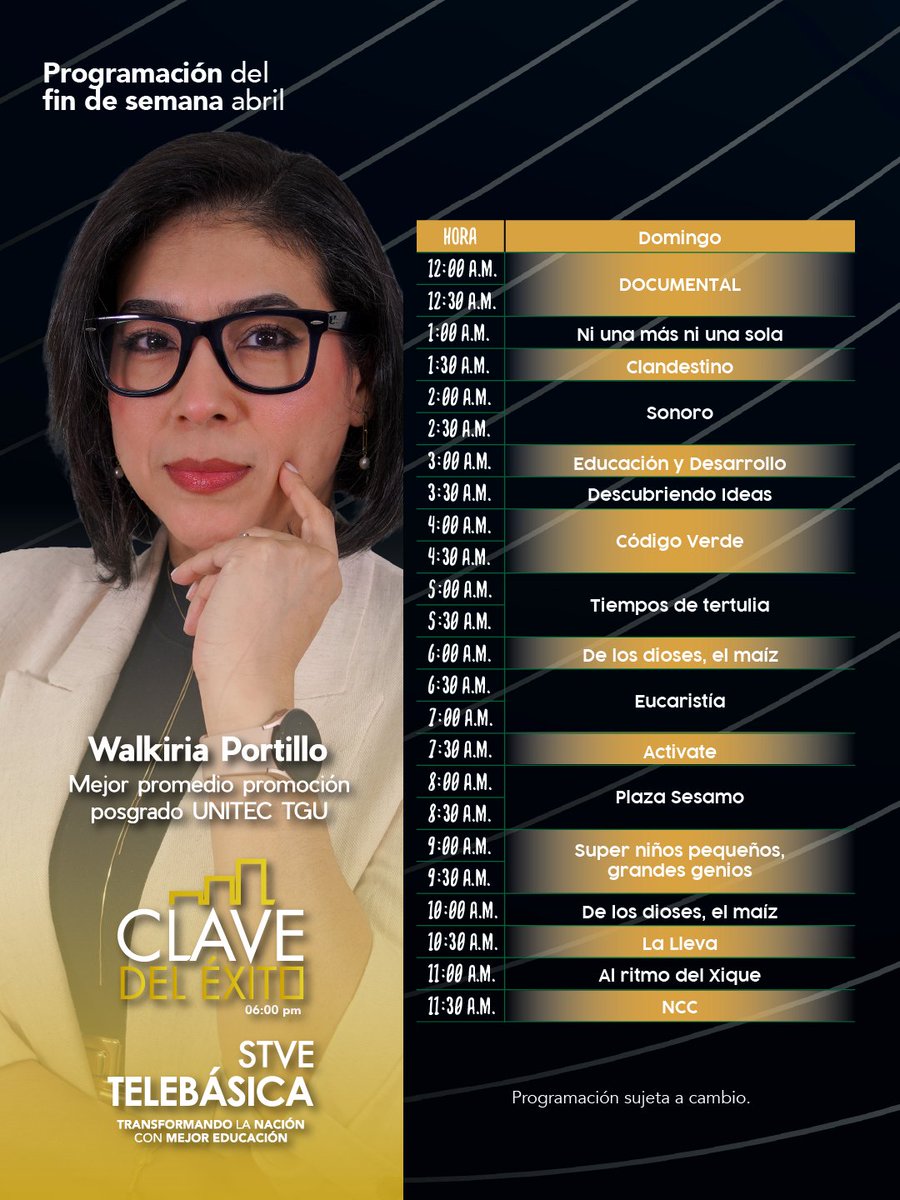 stvetelebasica's tweet image. 📺Le invitamos a disfrutar de nuestra programación de fin de semana durante el mes de abril del 2026.
🚨 En Streaming: stvetelebasica.com
🚨 Canales en línea: 
youtube.com/channel/UC_Ygr…
🚨 Nuestros hipervínculos: view.genially.com/694b145d6888e4…
#STVETelebásica #Programación #Educación