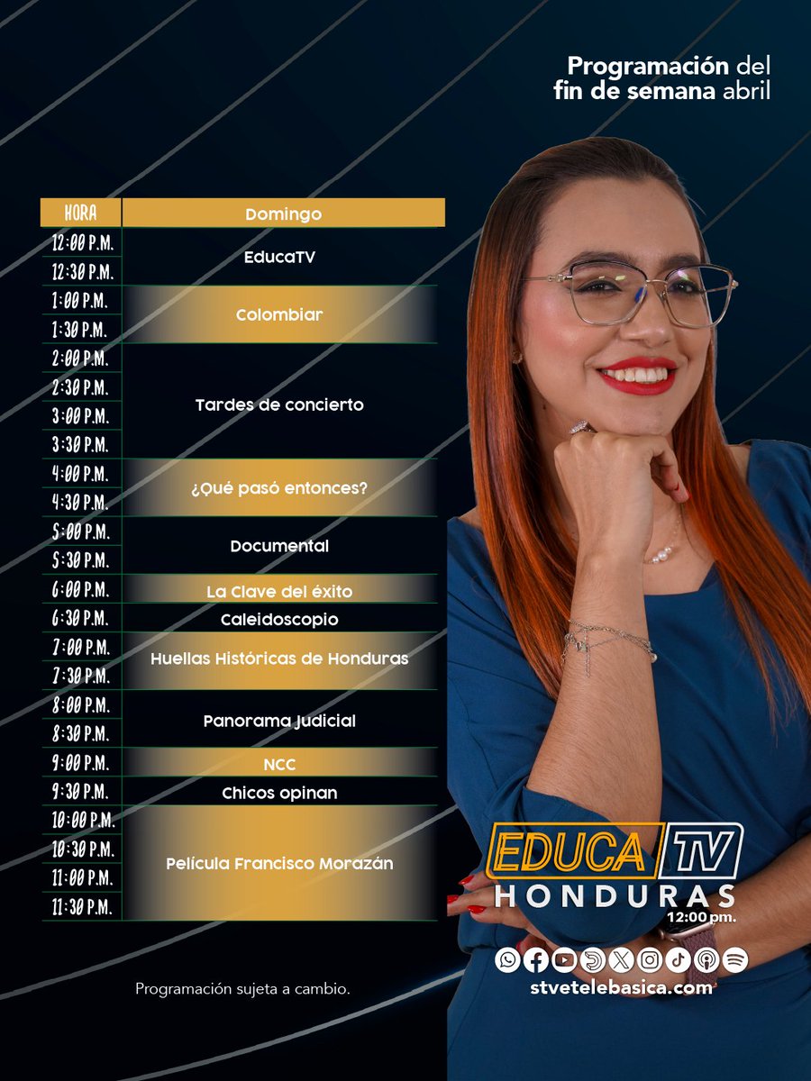 stvetelebasica's tweet image. 📺Le invitamos a disfrutar de nuestra programación de fin de semana durante el mes de abril del 2026.
🚨 En Streaming: stvetelebasica.com
🚨 Canales en línea: 
youtube.com/channel/UC_Ygr…
🚨 Nuestros hipervínculos: view.genially.com/694b145d6888e4…
#STVETelebásica #Programación #Educación