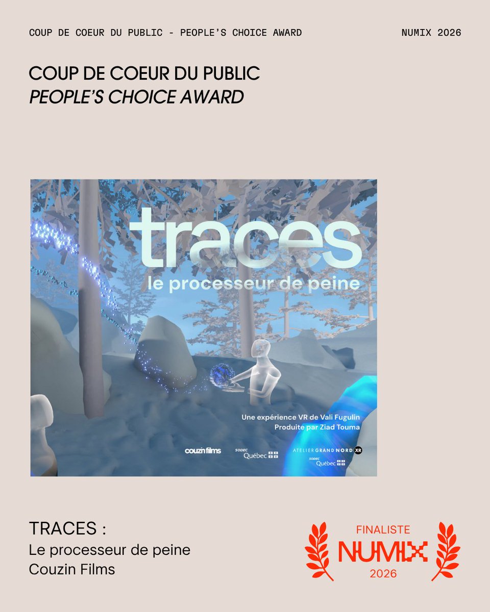 CouzinFilms's tweet photo. Merci aux jurys des @prixnumix  pour ces 3 nominations pour l'expérience VR TRACES : Le processeur de peine de @Valifugulin, Meilleure expérience XR, Mention Impact Social et Coup de coeur du public. Félicitations à toute l'équipe et aux autres finalistes ! @xnquebec  @weareagog https://t.co/u16jWcKFOE