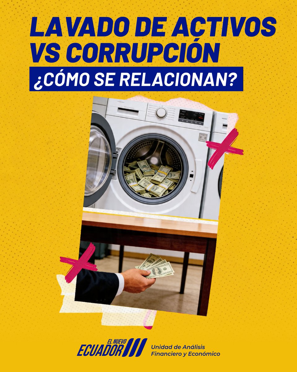 UAFE_EC's tweet photo. La corrupción genera dinero ilegal.
El lavado de activos lo esconde para que nadie lo detecte.
Desliza y conoce cómo operan juntos. https://t.co/lEj8apSizz