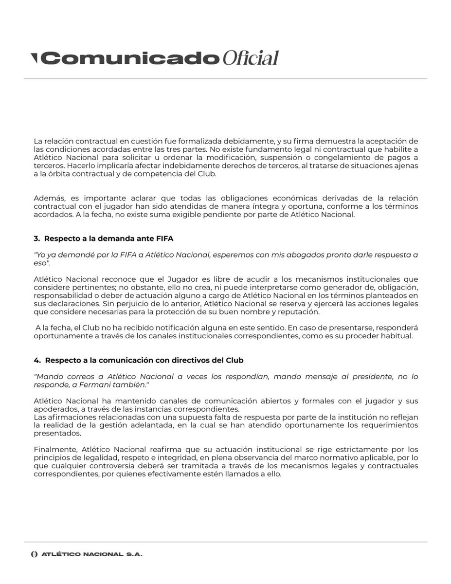#SeArmóLaGorda
🚨 Atlético Nacional responde a Kevin Viveros y rechaza sus acusaciones: asegura que todo se hizo dentro de la ley, que no existen dobles contratos, que no impone agentes y que no hay pagos pendientes en su transferencia al Paranaense. El club afirma no haber sido