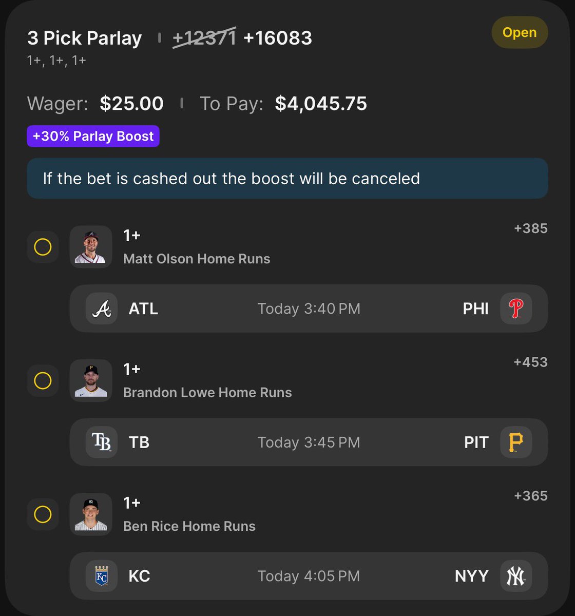 3 Leg HR Parlay! (+16083)💥
$25—>$4,045.75💰(30% Boost)

Matt Olson
Brandon Lowe
Ben Rice