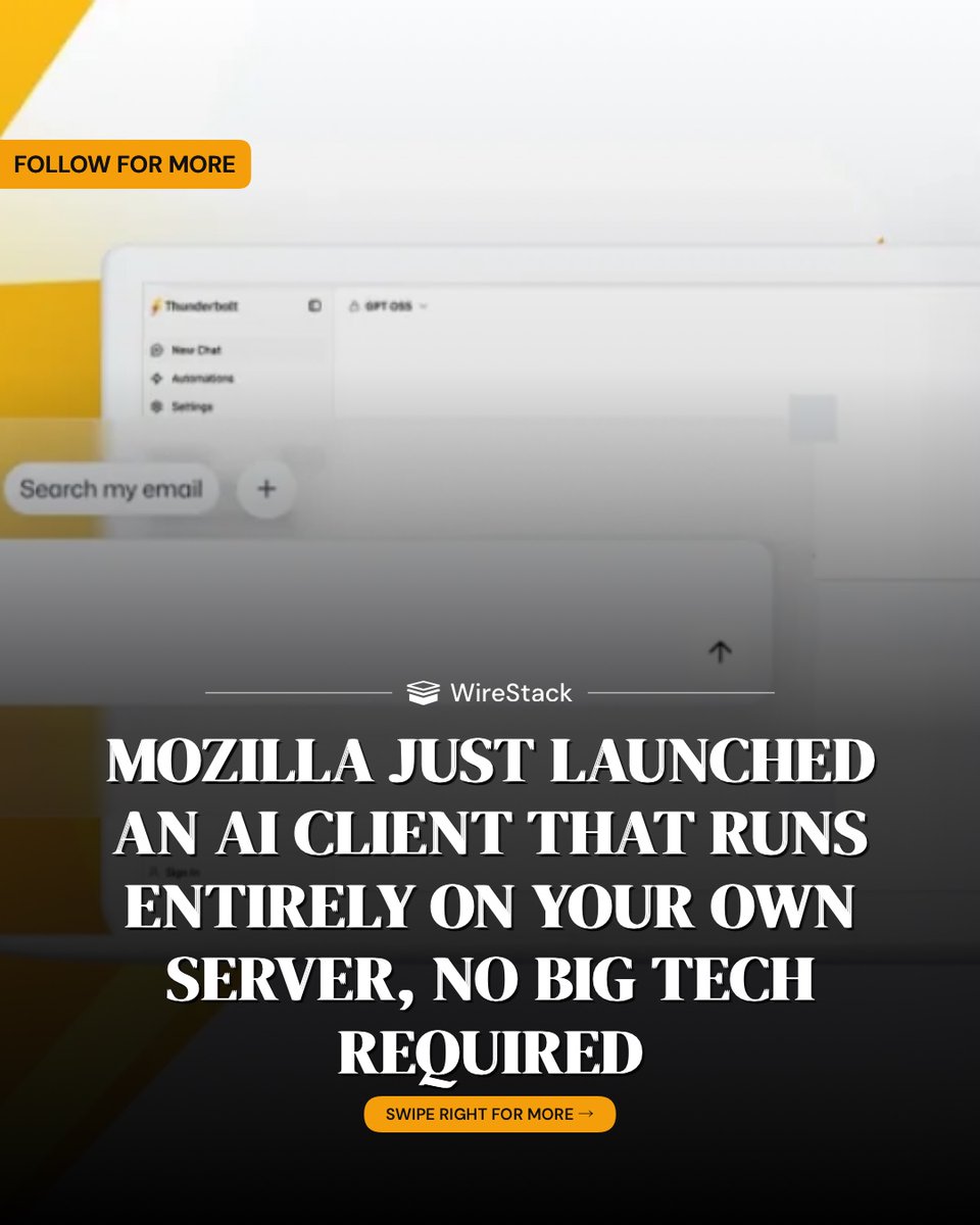 wire_stack's tweet image. Mozilla's Thunderbolt: Self-Hosted AI With No Big Tech Needed Mozilla launched Thunderbolt this week — an AI client built for self-hosted infrastructure, explicitly designed to bypass the centralized cloud model that every major AI company depends on. #Mozilla #OpenSourceAI