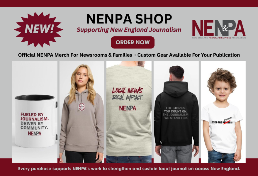 NENPA's tweet photo. April 17 eBulletin: NENPA Shop Launches with new merchandise supporting local journalism, featuring apparel, accessories, and gifts that celebrate the value of local news and the people behind it. Also, news, insights, and resources for your publication. https://t.co/gbbkSbAUsa https://t.co/zK3eSNRATd