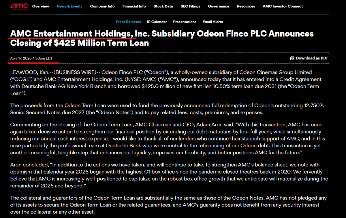 Official_MrRic's tweet image. $AMC 🚨  AMC has finalized a $425 million debt refinancing for its Odeon subsidiary, successfully pushing the maturity date out to 2031. The transaction removes the previous 2027 maturity wall, significantly de-risking the company’s balance sheet in the near term. 🦍💪#AMC