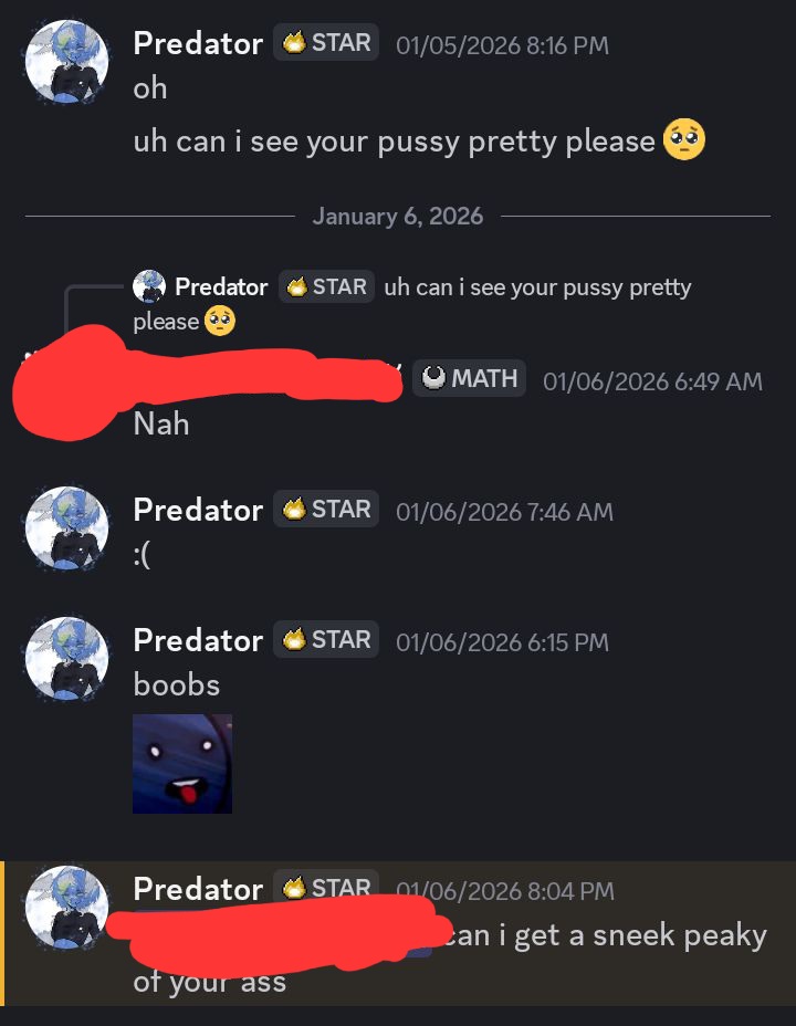 DaddosoBello's tweet photo. Exposing a disgusting user.
"FemboyEarth" This user has been constantly sexually harrassing user on discord, if you have any contact with them please block them and report. Constantly asking for nudes AND sending nudes to other user (MINORS) WITHOUT their consent.
#discord #pedo https://t.co/OhPG4cdrGy