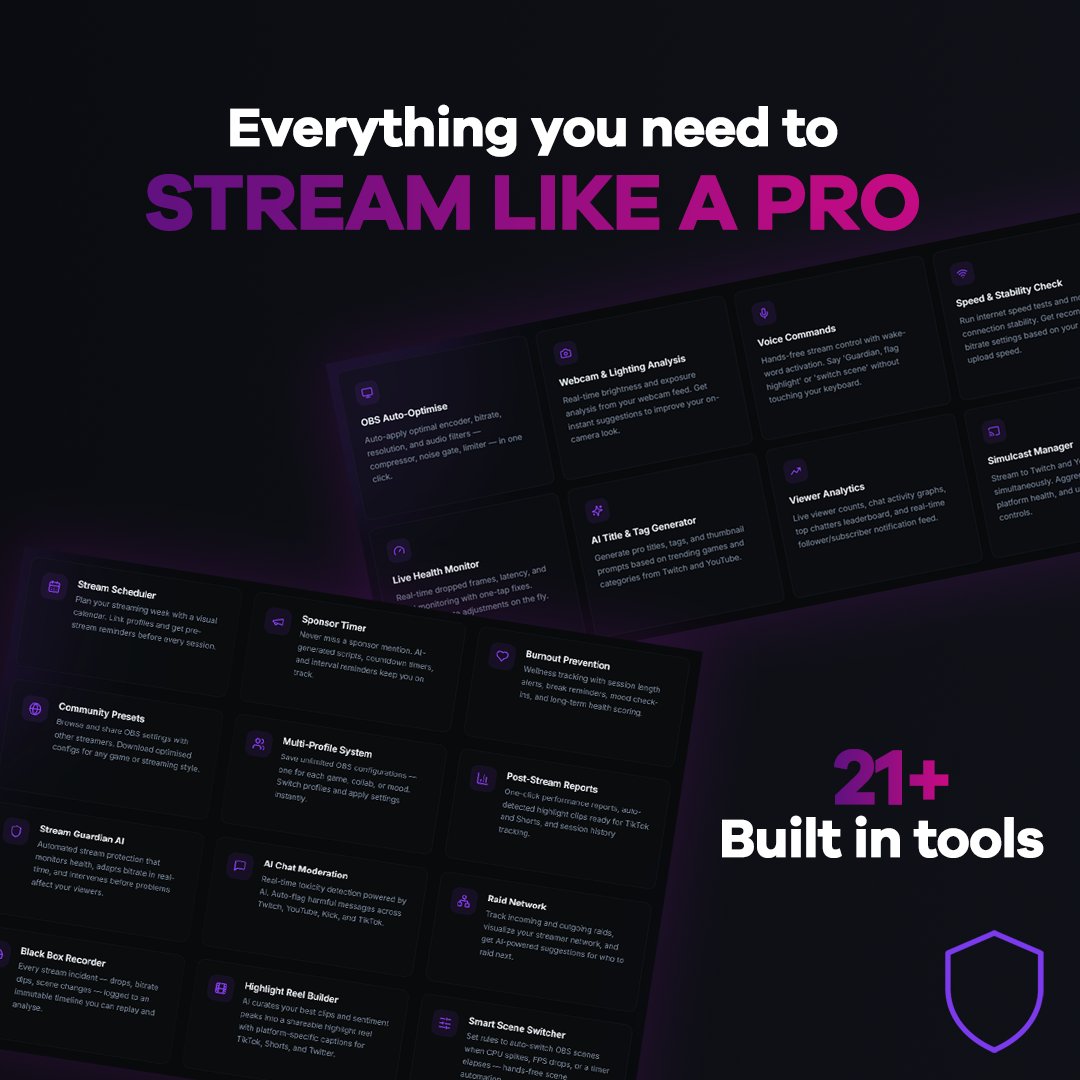 StreamGuardianX's tweet image. Still Googling your OBS settings before every stream? 😅
Built something that does it automatically in one click.

Stream Guardian AI — free beta open now for streamers on Twitch, YouTube, Kick &amp;amp; TikTok

streamguardian.co.uk

#Twitch #OBSStudio #ContentCreator #StreamerLife