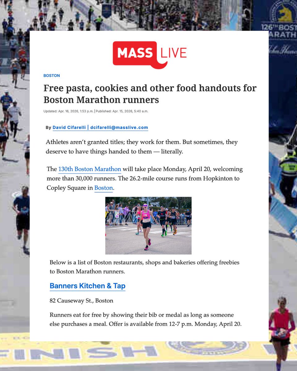 dpacomm's tweet photo. Boston Marathon weekend 🤝 our clients

🍩 Kane’s x Sam Adams 26.Brew
🏟️ Banners (40-ft screen + runner perks)
🥞 South Street Diner $10 pancake carb load
🍝 Prezza weekend specials

Love seeing the coverage roll in. Good luck to all runners! https://t.co/DRLOxMTJCR