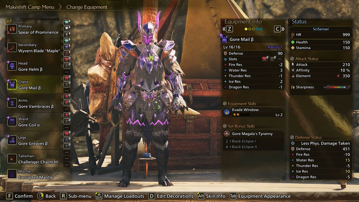 #huntingparty breakdown:
Gore Magala Lance &amp; LS set is made to target your opponent's vitals. Use the power of the frenzy virus to make your crits more frequent and dealing more damage.  Death by a thousand cuts or pokes. A highly Aggressive glass cannon set.