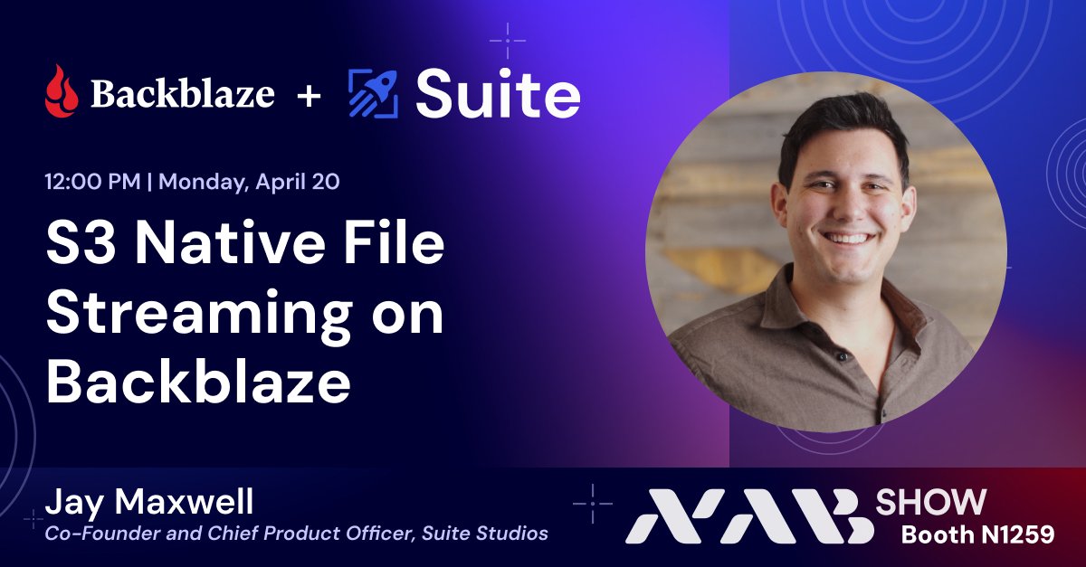 backblaze's tweet image. Join Jay Maxwell at #NABShow to see how Suite Studios is redefining #MediaWorkflows with S3 Native File Streaming on Backblaze. Learn how to instantly access and collaborate on large files directly from #CloudStorage.

📍 Booth N1259 🕛 Monday, April 20 @ 12:00 PM