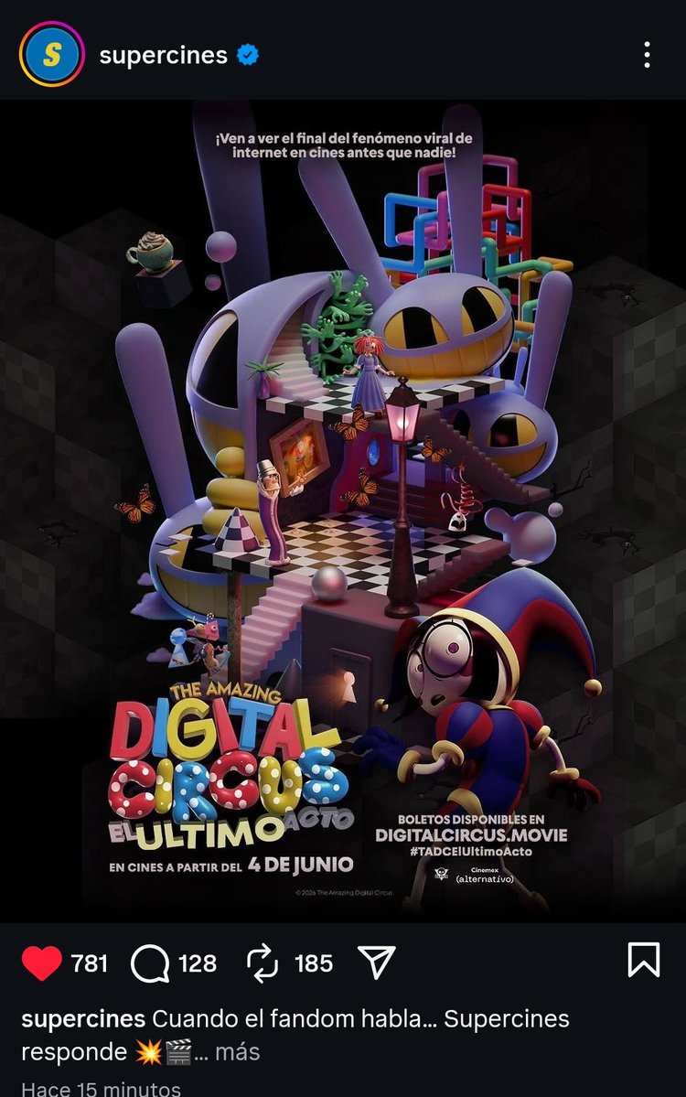 Quiero felicitar a la comunidad Ecuatoriana por hacer posible que la película de Digital Circus llegué para acá.

Vi tanta gente comentando con respeto y dedicación hasta que por fin se hizo realidad.
Son un verdadero orgullo y admiración, esperemos que todos la podamos ver y