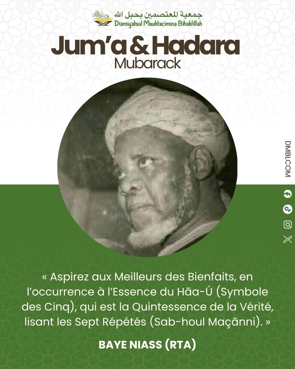 diamiya_dmbl's tweet photo. Jumu'â et Hadaratul Jumu'â Mubarak !

Heures de prières du 17 au 23 Avril 2026 🕋 {Du 28 Shawwal au 04 Dhou Al Qida, 1447H}

❝ Aspirez aux Meilleurs des Bienfaits, en l’occurrence à l’Essence du Hāa-Ú (Symbole des Cinq), qui est la Quintessence de la Vérité, [...]

#DMBLCOM https://t.co/bSxRX5f5oh