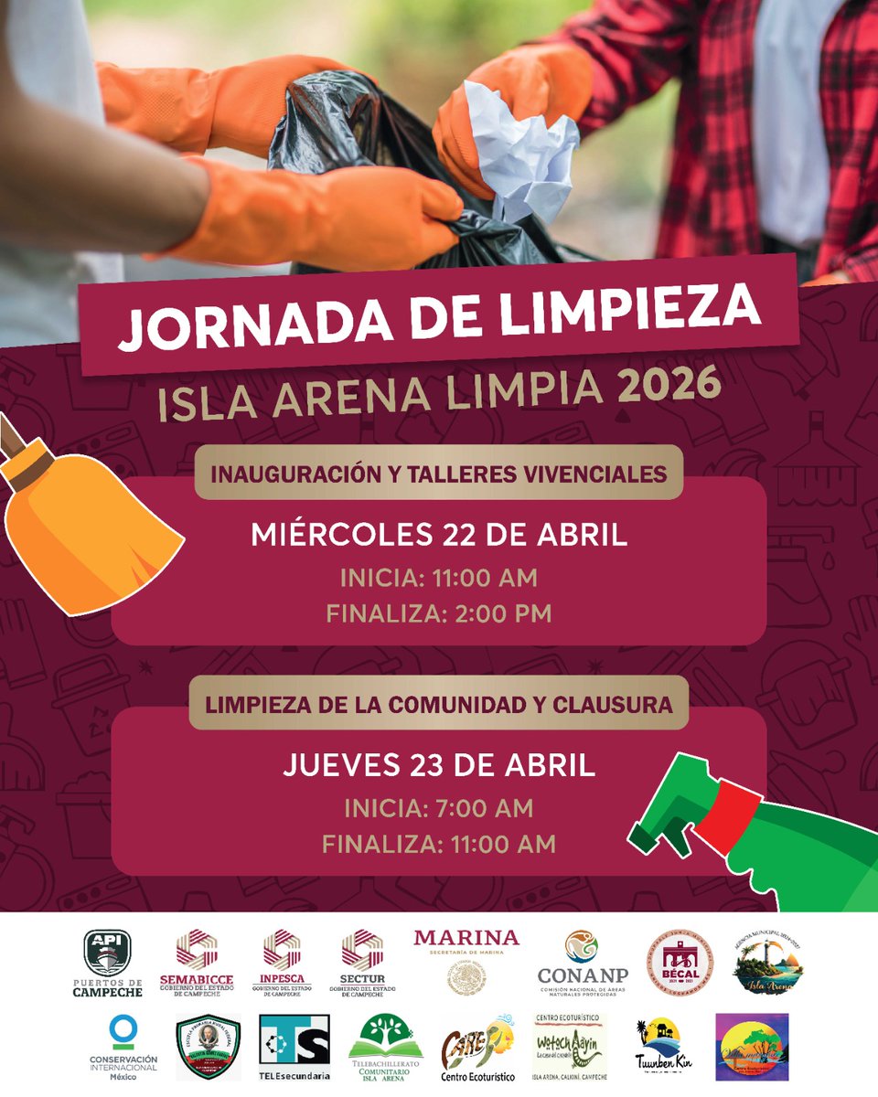 apicampeche's tweet image. 🧹🚯🌎¡Sumáte a la Jornada de Limpieza “Isla Arena Limpia 2026”!, que se llevará a cabo los días 22 y 23 de abril con la participación de diversas instituciones, escuelas, prestadores de servicio y habitantes de la comunidad.🚮🌳🌏

#LaydaSansores #GobiernoDeTodos #APICAM