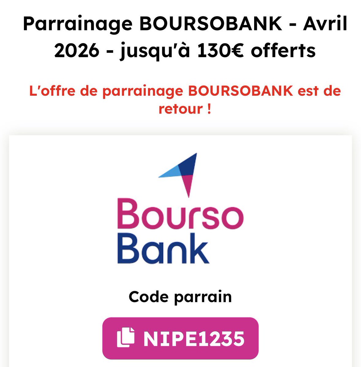 Celesta02's tweet image. ✳️ 𝗣𝗮𝗿𝗿𝗮𝗶𝗻𝗮𝗴𝗲 𝗕𝗢𝗨𝗥𝗦𝗢𝗕𝗔𝗡𝗞 𝗱𝗲 𝗿𝗲𝘁𝗼𝘂𝗿 ! - 𝗔𝘃𝗿𝗶𝗹 𝟮𝟬𝟮𝟲‼️

—— jusqu’à 1️⃣3️⃣0️⃣€ de #prime ✅

=&amp;gt; à l’ouverture d’un compte bancaire 

#code #parrain #DALS

Infosℹ️ et code sur le lien 🔗 suivant :

offresparrainages.fr/parrainage-ban…